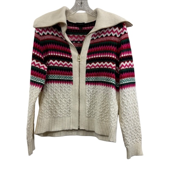 TALBOTS Joyful Fair Isle Cable Knit Soft Zip Up Sweater Jacket Top Size Medium - Picture 2 of 12